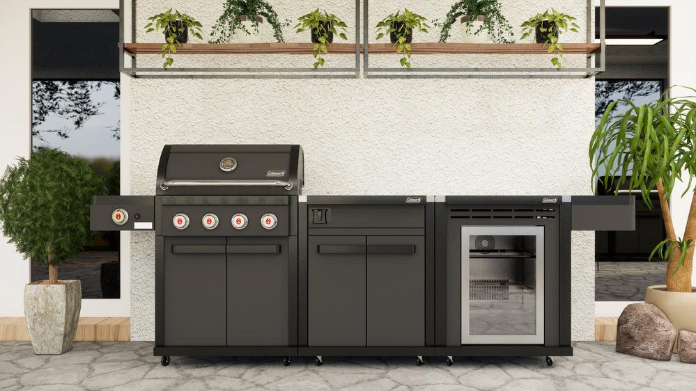Coleman Revolution 4 Burner BBQ  With Cabinet And Fridge In Black Matte