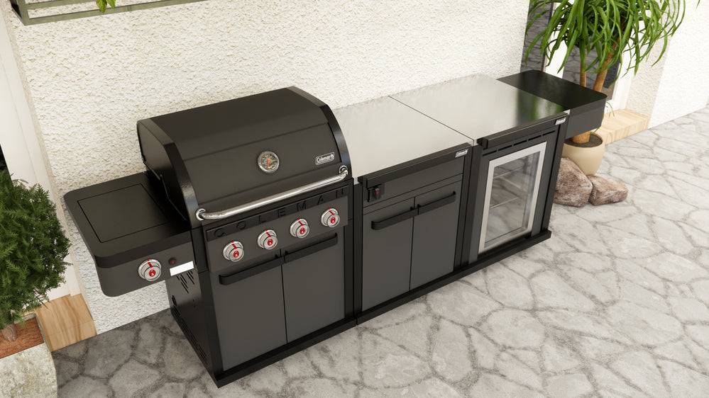 Coleman Revolution 4 Burner BBQ  With Cabinet And Fridge In Black Matte