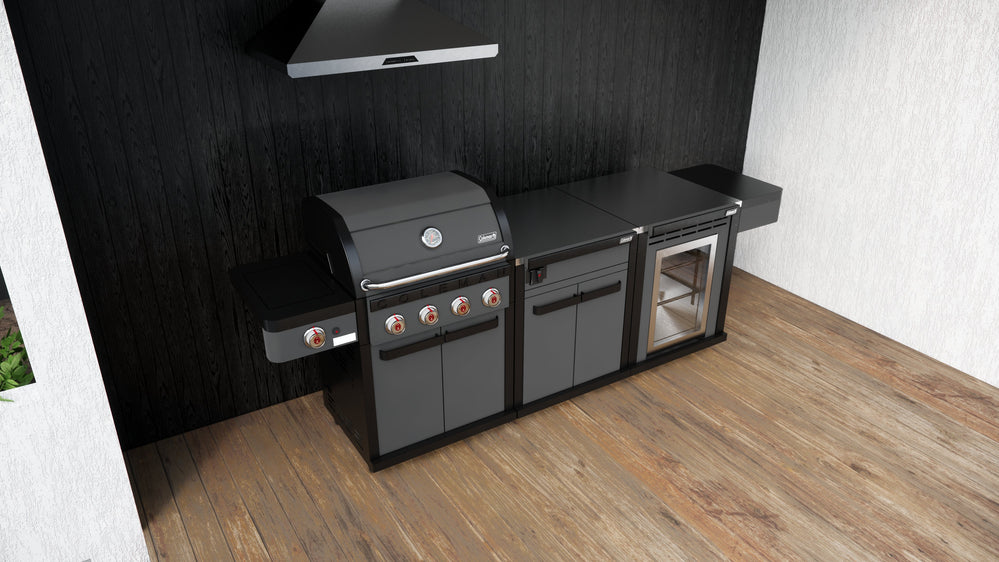 Coleman Revolution 4 Burner BBQ  With Cabinet And Fridge In Black Matte