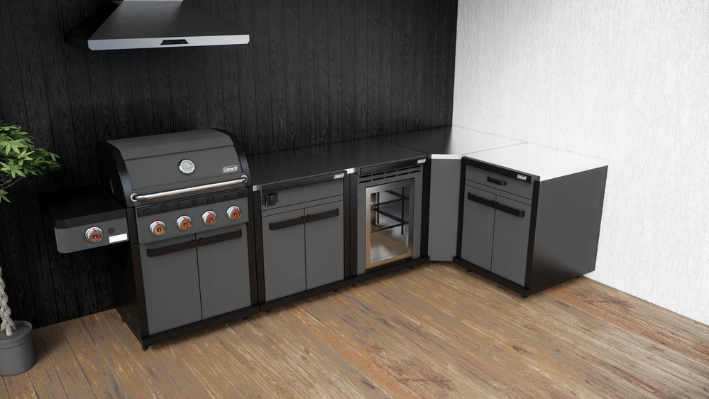 Coleman Revolution L-Shaped Kitchen With 4 Burner BBQ + Fridge In Black Matte