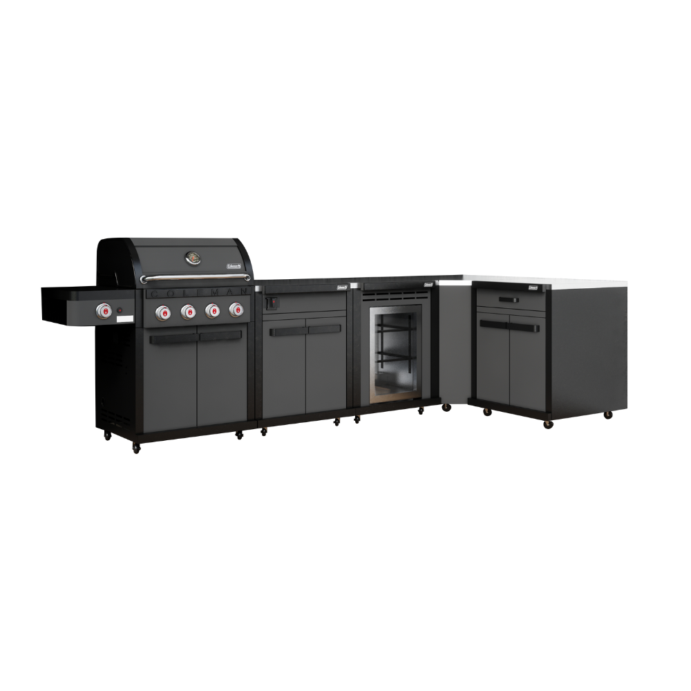 Coleman Revolution L-Shaped Kitchen With 4 Burner BBQ + Fridge In Black Matte