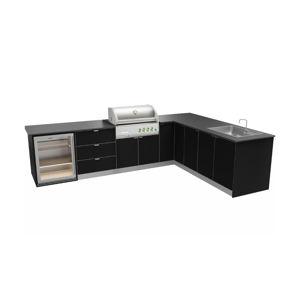 L Shaped Outdoor Kitchen With Crossray BBQ And Sink & Fridge
