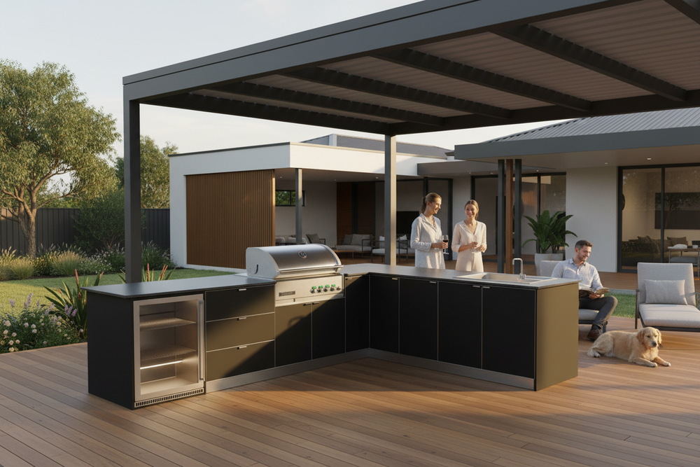 Grillhound L Shape Outdoor Kitchen With Crossray BBQ And Fridge - GCL3X22