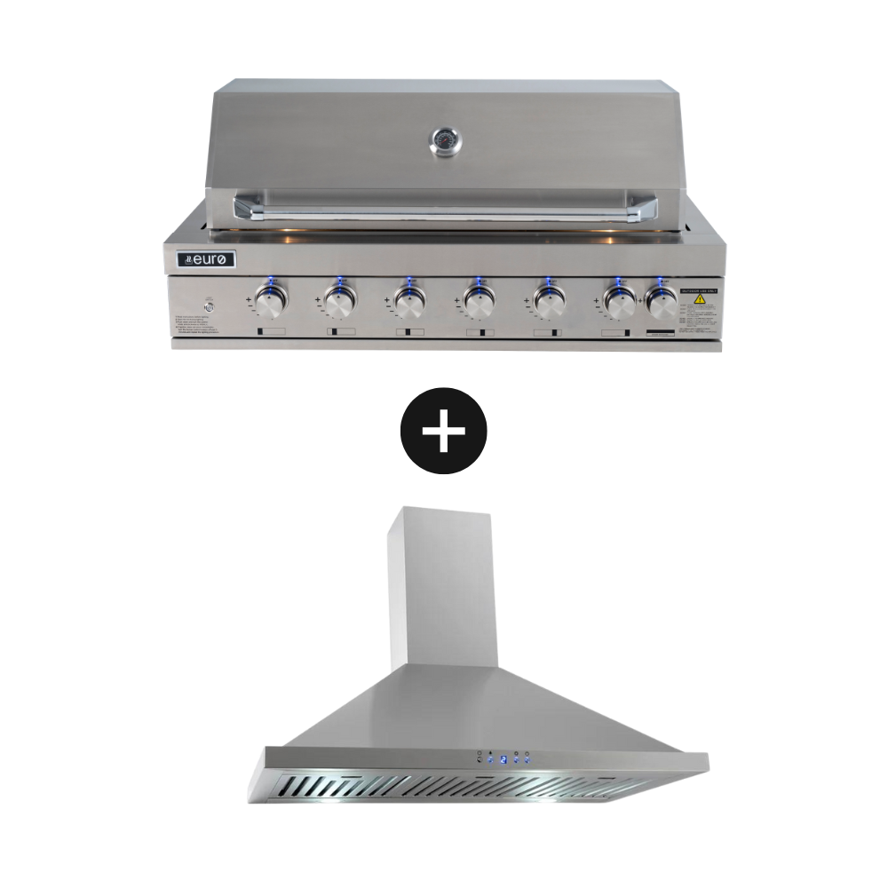 Euro Appliances 6 Burner Built In BBQ Silver+90cm Alfresco Canopy Rangehood-EAL1200RBQ+EBB900SS2