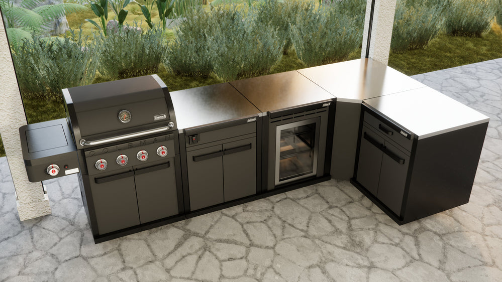 Coleman Revolution L-Shaped Kitchen With 4 Burner BBQ + Fridge In Black Matte