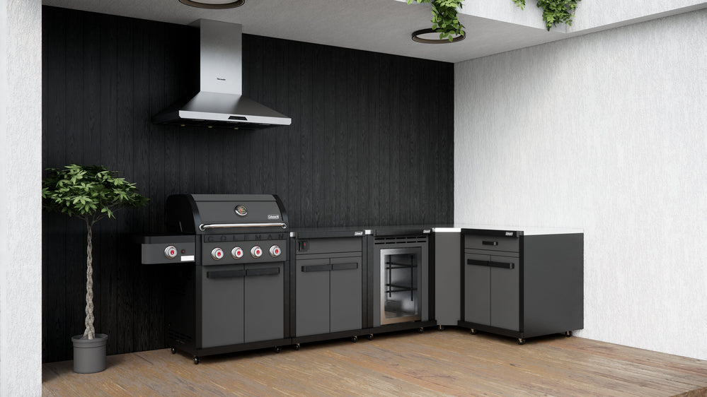 Coleman Revolution L-Shaped Kitchen With 4 Burner BBQ + Fridge In Black Matte